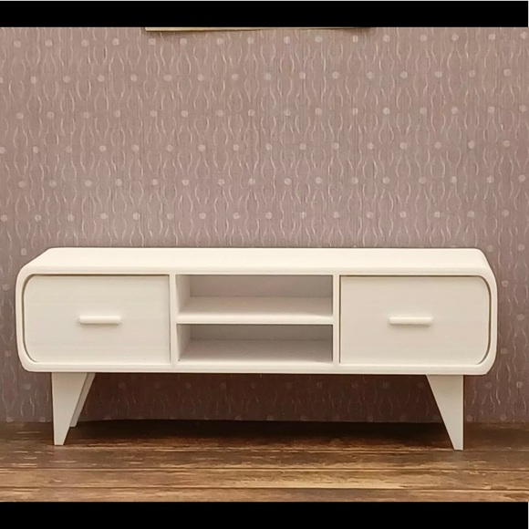 TV CONSOLE For BARBIE mid-century modern WHITE décor FURNITURE - Picture 2 of 5